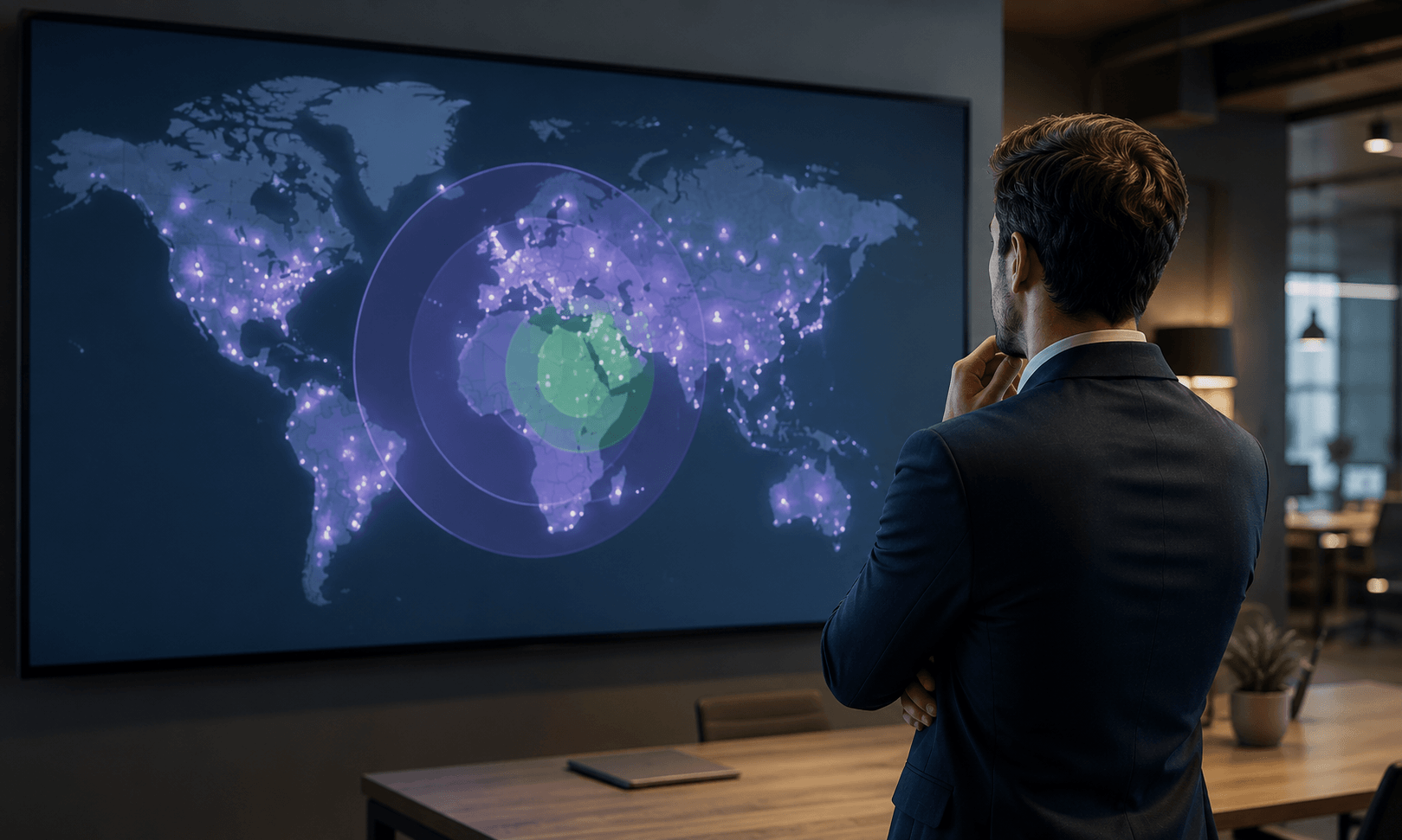 Business executive analyzing a digital market map with highlighted regions and market segments in a modern office.